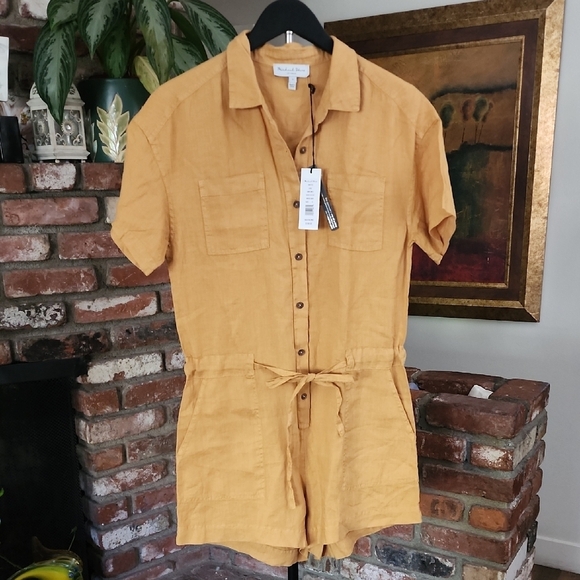 Michael Stars Pants - Michael Stars Mustard Linen Romper Short Sleeve Tie Waist